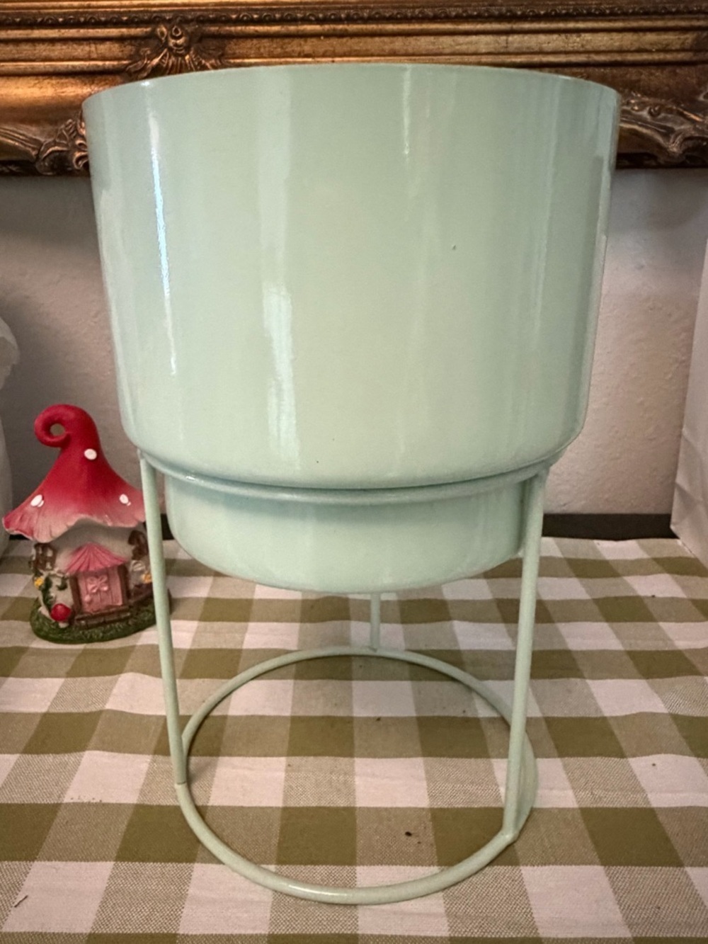 Mint Green Metal Planter with Stand